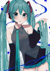 Rule 34 | 1girl, bad id, bad pixiv id, bare shoulders, black skirt, black sleeves, blouse, blush, breasts, collarbone, collared shirt, commentary, cowboy shot, detached sleeves, gradient background, green eyes, green hair, green necktie, green skirt, grey shirt, hair between eyes, hair ornament, hatsune miku, highres, holding, holding hair, long hair, looking at viewer, medium breasts, melting, miniskirt, multicolored clothes, multicolored skirt, necktie, nerua, parted lips, shirt, skirt, sleeveless, sleeveless shirt, solo, standing, tagme, twintails, very long hair, vocaloid, wax, white background