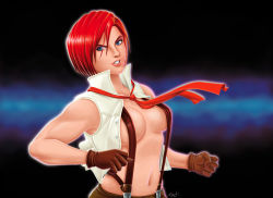 Rule 34 | 1girl, absurdres, blue eyes, breasts, clenched hand, gloves, highres, lips, loose socks, maltoniko, mature female, navel, necktie, no bra, nose, open clothes, popped collar, red hair, short hair, sideboob, sleeveless, socks, solo, suspenders, the king of fighters, vanessa (kof), vest