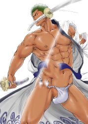 Rule 34 | 1boy, abs, adam&#039;s apple, attack trail, bara, bare pectorals, bulge, dark-skinned male, dark skin, feet out of frame, frown, green hair, groin, highres, japanese clothes, kimono, large pectorals, looking at viewer, male focus, muscular, muscular male, nagurareusagi, navel, nipples, one piece, pectorals, roronoa zoro, scar, scar across eye, shaved body, short hair, solo, split screen, standing, stomach, thick thighs, thighs, torn clothes, torn fundoshi, triple wielding, white kimono