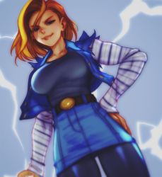 Rule 34 | 1girl, android 18, asymmetrical hair, bad id, bad twitter id, black pantyhose, blonde hair, blue eyes, breasts, commentary, denim, denim skirt, dragon ball, dragonball z, english commentary, from below, hand on own hip, lips, medium breasts, pantyhose, pencil skirt, robaato, short hair, skirt, smirk, solo, striped, unfinished, vest