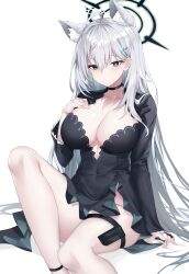 Rule 34 | 1girl, absurdres, ahoge, animal ear fluff, animal ears, black choker, black dress, blue archive, blue eyes, breasts, broken halo, center opening, choker, covered navel, cross hair ornament, deogho (liujinzy9854), dress, extra ears, grey hair, hair between eyes, hair ornament, halo, hand on own chest, highres, large breasts, long hair, long sleeves, mismatched pupils, no bra, no panties, shiroko (blue archive), shiroko terror (blue archive), side slit, simple background, sitting, solo, thigh strap, very long hair, white background, wolf ears