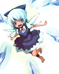 Rule 34 | 1girl, bad id, bad pixiv id, barefoot, blue hair, cirno, dress, embodiment of scarlet devil, female focus, full body, gradient background, ichihonkui, ippongui, ribbon, short hair, solo, touhou, white background, wings