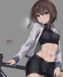 Rule 34 | 1girl, bike shorts, blue eyes, breasts, brown hair, cameltoe, cleft of venus, cowboy shot, hair between eyes, haruto (harut n), jacket, kantai collection, long sleeves, looking at viewer, short hair, simple background, small breasts, smile, solo, taihou (kancolle), taut clothes, white jacket