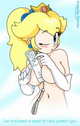 Rule 34 | 1girl, between breasts, blonde hair, blue eyes, blush, breasts, cloud, collarbone, controller, crown, earrings, elbow gloves, female focus, game controller, gloves, gradient background, holding, irregular fetishes, jewelry, large breasts, long hair, looking at viewer, mario (series), navel, nintendo, nude, one eye closed, open mouth, outdoors, ponytail, princess peach, sexually suggestive, sky, solo, standing, super mario bros. 1, super mario bros. 3, upper body, white gloves, wii remote