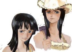 Rule 34 | 1girl, bag, black hair, blue eyes, blunt bangs, chinese commentary, close-up, closed mouth, commentary request, cowboy hat, hat, highres, linerynlasgalen, looking to the side, medium hair, multiple views, nico robin, one piece, purple bag, shirt, shoulder bag, simple background, sleeveless, sleeveless shirt, solo, upper body, white background, white hat, yellow shirt