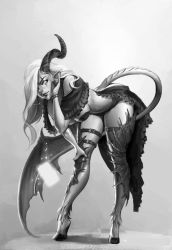 Rule 34 | 1girl, adjusting hair, bangku an, breasts, capelet, full body, greyscale, hanging breasts, high heels, hoof shoes, horns, image sample, large breasts, lips, monochrome, realistic, single horn, single wing, solo, tail, wings