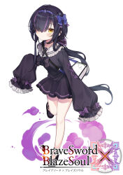 Rule 34 | 1girl, black bow, black dress, black footwear, black hair, blue bow, blush, bow, brave sword x blaze soul, brown eyes, character request, closed mouth, commentary request, copyright name, dress, frilled sailor collar, frills, full body, hair bow, hair over one eye, highres, long hair, long sleeves, looking at viewer, multicolored hair, myuton, official art, puffy long sleeves, puffy sleeves, purple hair, sailor collar, sailor dress, shoes, simple background, sleeves past fingers, sleeves past wrists, solo, standing, standing on one leg, streaked hair, very long hair, white background, white sailor collar