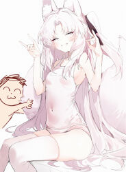 Rule 34 | 1boy, 1girl, absurdres, animal ear fluff, animal ears, doodle sensei (blue archive), bare shoulders, blue archive, blush, breasts, collarbone, commentary, covered navel, eyeshadow, fox ears, fox girl, fox shadow puppet, fox tail, grey eyes, grin, highres, kuzunoha (blue archive), long hair, looking at viewer, makeup, multiple tails, one-piece swimsuit, one side up, red eyeshadow, revision, sensei (blue archive), silver (chenwen), simple background, sitting, sleeveless, small breasts, smile, swimsuit, tail, thighhighs, thighs, two tails, very long hair, white background, white hair, white one-piece swimsuit, white thighhighs