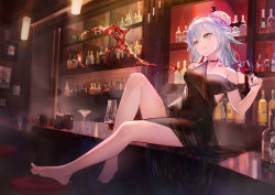 Rule 34 | 1girl, absurdres, bar (place), bare arms, bare legs, bare shoulders, barefoot, black dress, blue eyes, blue hair, bottle, breasts, closed mouth, counter, cup, dress, drinking glass, fang, fang out, feet, full body, haiyi, hemokinesis, highres, holding, holding cup, indoors, jellyfish hair ornament, legs, leiq, long hair, looking away, medium breasts, sitting, smile, solo, strap slip, synthesizer v, toes, wine glass
