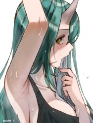 Rule 34 | 1girl, absurdres, arknights, arm up, armpits, artist name, between breasts, blush, breasts, cleavage, collarbone, commentary, english commentary, goro desu, green hair, highres, horns, hoshiguma (arknights), large breasts, long hair, looking at viewer, mouth hold, profile, scar, scar on face, simple background, skin-covered horns, solo, sports bra, steaming body, sweat, towel, twitter username, upper body, white background, yellow eyes