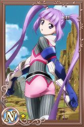 Rule 34 | 1girl, bodysuit, card, elbow gloves, flat chest, from behind, gauntlets, gloves, hair tubes, long hair, purple eyes, purple hair, solo, sophie (tales), tales of (series), tales of graces, twintails