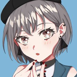 Rule 34 | 1girl, bang dream!, bang dream! it&#039;s mygo!!!!!, black hat, blue background, blush, commentary, earclip, earrings, grey hair, hands up, hat, highres, jewelry, looking at viewer, nisaka (nini2plus), parted lips, portrait, red eyes, red nails, short hair, simple background, solo, takamatsu tomori