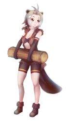 Rule 34 | 10s, 1girl, american beaver (kemono friends), animal ears, antenna hair, beaver ears, beaver tail, bike shorts, black gloves, boots, carrying, elbow gloves, full body, fur collar, gloves, grey eyes, grey hair, hair ornament, hairclip, ise (0425), kemono friends, log, looking away, parted lips, short hair, simple background, sleeveless, solo, standing, tail, white background