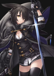 Rule 34 | 1girl, animal ears, belt, black background, black hair, black thighhighs, breasts, chabaneko, cleavage, cleavage cutout, clothing cutout, commentary request, dual wielding, fur collar, gloves, hair over one eye, highres, holding, holding sword, holding weapon, jacket, jacket on shoulders, looking at viewer, medium breasts, open mouth, original, short hair, simple background, solo, standing, sweater, sword, thighhighs, turtleneck, turtleneck sweater, weapon, yellow eyes
