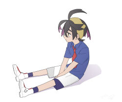 Rule 34 | 1boy, black hair, blue shirt, blue socks, closed mouth, collared shirt, creatures (company), full body, game freak, hair between eyes, hairband, highres, kieran (pokemon), male focus, mole, mole on neck, nintendo, pokemon, pokemon sv, purple hair, shirt, shoes, short sleeves, shorts, simple background, sitting, socks, solo, to ske, white background, white footwear, yellow eyes