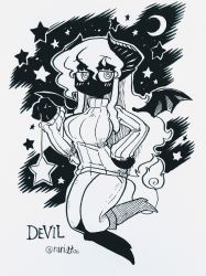 Rule 34 | 1girl, absurdres, aldegon (rariatto), boots, colored skin, demon girl, demon horns, demon wings, greyscale, hand on own hip, highres, holding, horns, ink (medium), inktober, jitome, long hair, long sleeves, looking at viewer, monochrome, no mouth, original, pants, pointy ears, rariatto (ganguri), ribbed sweater, ringed eyes, solo, sweater, tail, traditional media, twitter username, very long hair, wings