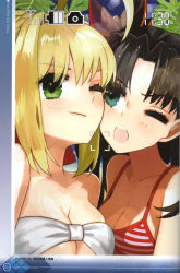 Rule 34 | 10s, 2girls, absurdres, ahoge, beach, black hair, blonde hair, bow, breasts, camera, cleavage, fate/extra, fate (series), green eyes, highres, leaf, looking at viewer, multiple girls, nero claudius (fate), nero claudius (fate), nero claudius (fate/extra), one eye closed, open mouth, scan, scenery, small breasts, swimsuit, tohsaka rin, twintails, wada arco, wink