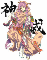 Rule 34 | 1boy, androgynous, armor, asymmetrical clothes, bad deviantart id, bad id, barefoot, fingerless gloves, gloves, guitar, headset, highres, instrument, japanese armor, japanese clothes, kamui gakupo, kimono, kote, lips, long hair, male focus, nail polish, ninton, purple hair, purple nails, samurai, scarf, shoulder armor, simple background, sode, solo, vocaloid, white background