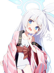 Rule 34 | 1girl, ?, ??, absurdres, blue archive, blue eyes, blush, bow, cherino (blue archive), cherino (hot spring) (blue archive), covered navel, hair bow, halo, head tilt, highres, japanese clothes, kimono, long hair, looking at viewer, name tag, obi, off shoulder, old school swimsuit, one-piece swimsuit, open clothes, open kimono, open mouth, pink kimono, ribbon, sash, school swimsuit, solo, standing, sweat, swimsuit, swimsuit under clothes, white hair, white one-piece swimsuit, yamada auto, yukata