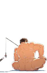 Rule 34 | 1boy, ass, bara, brown hair, cat, completely nude, david lee (d lee1234), facing away, fishing rod, from behind, full body, highres, holding, holding fishing rod, male focus, muscular, muscular male, nude, original, pectorals, short hair, sidepec, sitting, solo, thighs, white background