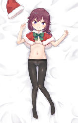 Rule 34 | 1girl, bed sheet, black pantyhose, blush, bow, bra, breasts, brown hair, capelet, christmas, commentary, dakimakura (medium), from above, fur-trimmed capelet, fur trim, green bow, highres, kuramoto takato, looking at viewer, lying, machikado mazoku, medium hair, navel, no pants, on back, on bed, open mouth, panties, panties under pantyhose, pantyhose, parted lips, purple eyes, red capelet, small breasts, smile, solo, string bra, string panties, underwear, white bra, white panties, yoshida ryouko