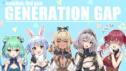 Rule 34 | 5girls, animal ears, armor, bare shoulders, black gloves, blonde hair, blue bow, blue hair, blush, bow, braid, breastplate, breasts, carrot, carrot hair ornament, cleavage, cleavage cutout, clothing cutout, dark-skinned female, dark skin, double bun, english text, fingerless gloves, fingernails, food-themed hair ornament, frills, fur-trimmed gloves, fur trim, gloves, gradient hair, green eyes, green hair, grey hair, hair between eyes, hair bun, hair ornament, heart, heart hands, highres, hololive, hololive fantasy, houshou marine, kubota masaki, light blue hair, long hair, medium hair, multicolored hair, multiple girls, one eye closed, open mouth, outline, partially fingerless gloves, patterned, patterned background, pointy ears, rabbit ears, red hair, shaded face, shiranui flare, shiranui flare (old design), shirogane noel, shirogane noel (1st costume), short eyebrows, short hair, single hair bun, skull, skull hair ornament, smile, snapping fingers, surprised, teeth, tongue, triangle mouth, twintails, upper body, upper teeth only, uruha rushia, uruha rushia (1st costume), usada pekora, usada pekora (1st costume), vambraces, virtual youtuber, white gloves, white hair, white outline