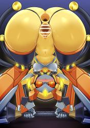 Rule 34 | 1girl, all fours, android, anus, ass, bar censor, blush, breasts, buttons, censored, colored sclera, colored skin, double-breasted, folded, from behind, grey skin, half-closed eyes, highres, holding, joints, kneepits, looking at viewer, looking back, medium breasts, multicolored hair, navel, nipples, no mouth, nude, orange eyes, orange sclera, orange skin, pochincoff, pussy, pussy juice, robot, robot joints, solo, spread anus, spread pussy, standing, two-tone hair, virtual world oto-hime - toutou, yellow skin, yu-gi-oh!