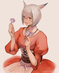 Rule 34 | 1girl, animal ears, apron, belt, belt buckle, blunt bangs, buckle, cat ears, collarbone, commentary, corset, dress, f&#039;lhaminn qesh, facial mark, final fantasy, final fantasy xiv, flower, from above, glasses, grey hair, hands up, holding, holding flower, jewelry, miqo&#039;te, muraicchi (momocchi), open mouth, pendant, pink eyes, puffy short sleeves, puffy sleeves, red dress, short hair, short sleeves, simple background, smile, solo, twitter username, upper body, waist apron, yellow background