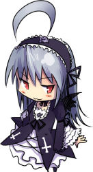 Rule 34 | 00s, 1girl, :3, ahoge, aki toshi, cross, crossover, flower, frills, goth fashion, hairband, inverted cross, izumi konata, latin cross, lucky star, red eyes, rose, rozen maiden, silver hair, solo, suigintou, wings