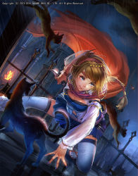 Rule 34 | 1girl, blonde hair, blue skirt, breasts, cat, cat (saga), cleavage, closed mouth, commentary request, detached sleeves, earrings, emperors saga, highres, holding, holding weapon, jewelry, knife, liduke, midriff, official art, romancing saga 2, saga, short hair, skirt, smile, solo, square enix, thighhighs, weapon, white thighhighs