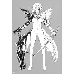 Rule 34 | 1girl, angel, angel and devil, angel wings, armor, asymmetrical wings, bottomless, breasts, couter, demon, demon wings, dual wielding, facial mark, female pubic hair, grey background, greyscale, hair over one eye, holding, legs, long legs, low wings, mismatched wings, monochrome, nagi ryou, navel, nipples, no bra, pointy ears, pubic hair, s.e.c 02 monochrome edition, short hair, simple background, skinny, solo, sword, weapon, wings