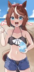 Rule 34 | 1girl, absurdres, animal ears, bare shoulders, beach, bikini, black bikini, blue eyes, blue shorts, blue sky, blue tongue, cloud, cloudy sky, colored tongue, commentary request, cowboy shot, food, gokurin, hair between eyes, halterneck, hand up, high ponytail, highres, holding, holding spoon, horse ears, horse girl, horse tail, ice cream, ice cream spoon, long hair, looking at viewer, multicolored hair, navel, ocean, open mouth, shorts, sky, solo, sound effects, spoon, standing, stomach, streaked hair, swept bangs, swimsuit, tail, tokai teio (umamusume), tongue, tongue out, tracen swimsuit, two-tone hair, umamusume