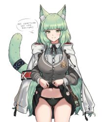 Rule 34 | 1girl, animal ear fluff, animal ears, arknights, black bow, black bowtie, black panties, black skirt, bow, bowtie, breasts, closed mouth, clothes lift, coat, collared shirt, english text, fangs (fangs art), green eyes, green hair, grey jacket, harmonie (arknights), jacket, large breasts, lifting own clothes, looking at viewer, medium hair, navel, open clothes, open coat, panties, shirt, simple background, skirt, skirt lift, smile, speech bubble, tail, underwear, white background, white coat, white shirt