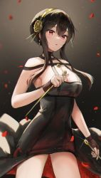 Rule 34 | 1girl, backlighting, bare shoulders, black background, black dress, black gloves, black hair, blush, breasts, cleavage, cowboy shot, dress, dual wielding, falling petals, floral print, flower, glint, gloves, gold hairband, hair between eyes, hair flower, hair ornament, hairband, hand up, highres, holding, knife, large breasts, light particles, long hair, medium hair, off-shoulder dress, off shoulder, parted lips, petals, raised eyebrows, red eyes, reverse grip, rose, rose petals, rose print, sauvignon, sidelocks, solo, spy x family, thighs, two-sided dress, two-sided fabric, yor briar