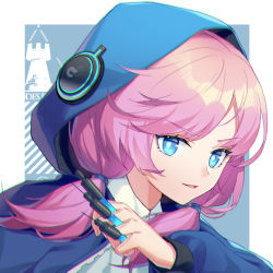 Rule 34 | 1girl, arknights, arm up, blue eyes, blue jacket, blue poison (arknights), blue shrimp, chinese commentary, holding, holding syringe, hood, hood up, jacket, looking at viewer, low twintails, medium hair, open mouth, pink hair, portrait, rhodes island logo (arknights), solo, syringe, twintails, v-shaped eyebrows