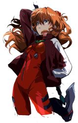 Rule 34 | 1girl, arm behind head, blue eyes, bodysuit, breasts, cropped legs, evangelion: 3.0 you can (not) redo, hand in pocket, head tilt, highres, holding, holding weapon, iwatnc, jacket, long hair, long sleeves, neon genesis evangelion, open clothes, open jacket, orange hair, plugsuit, rebuild of evangelion, red bodysuit, red jacket, simple background, solo, souryuu asuka langley, weapon, white background