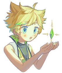 Rule 34 | 1boy, ahoge, bare arms, bare shoulders, blonde hair, blue eyes, blush, cropped torso, cupping hands, earrings, ensemble stars!, gem, green gemstone, hands up, harukawa sora, highres, jewelry, looking at object, male focus, multicolored hair, nagomi ( nagomi ), open mouth, own hands together, pointy hair, short hair, simple background, sleeveless, solo, streaked hair, upper body, very short hair, white background
