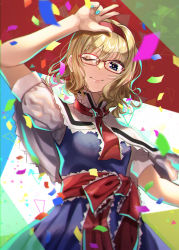 Rule 34 | 1girl, akane hazuki, alice margatroid, apron, arm up, ascot, blonde hair, blue dress, blue eyes, blue nails, breasts, capelet, commentary request, confetti, cowboy shot, dress, fingernails, frilled capelet, frilled hairband, frilled ribbon, frills, glasses, glasses day, hair between eyes, hairband, highres, lips, lolita hairband, looking at viewer, medium breasts, nail polish, one eye closed, puffy short sleeves, puffy sleeves, red ribbon, ribbon, short hair, short sleeves, smile, solo, touhou, upper body, waist apron, white capelet