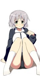 Rule 34 | 1girl, arm support, black panties, blush, bottomless, glastonbury1966, green eyes, jacket, knees together feet apart, long sleeves, no pants, open mouth, panties, sanya v. litvyak, shadow, short hair, silver hair, simple background, sitting, socks, solo, strike witches, underwear, white background, white socks, world witches series, zipper