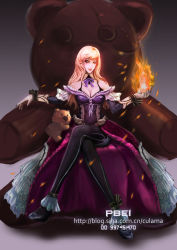 Rule 34 | 1girl, annie (league of legends), bare shoulders, black pantyhose, blonde hair, breasts, cleavage, crossed legs, dress, fire, fire, highres, league of legends, lips, long hair, aged up, pantyhose, pbei, pyrokinesis, sitting, solo, stuffed animal, stuffed toy, teddy bear, yellow eyes