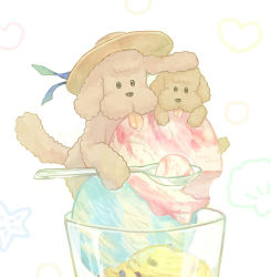 Rule 34 | 10s, dog, drooling, food, food focus, hat, heart, highres, ice cream, makkachin, nita (msre27), no humans, oversized object, spoon, tongue, tongue out, vicchan, yuri!!! on ice