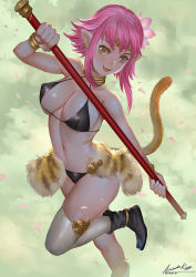 Rule 34 | 1girl, ariverkao, bikini, black bikini, boots, bracelet, breasts, brown eyes, cleavage, earrings, flower, hair flower, hair ornament, jewelry, large breasts, looking at viewer, monkey tail, navel, necklace, open mouth, original, petals, pink hair, pointy ears, polearm, scan, short hair, showgirl skirt, skindentation, smile, solo, standing, standing on one leg, swimsuit, tail, thighhighs, tiara, weapon, white thighhighs