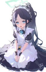 Rule 34 | 1girl, absurdres, apron, aqua halo, aris (blue archive), aris (maid) (blue archive), between legs, black dress, black hair, blue archive, blue bow, blue bowtie, blue eyes, bow, bowtie, chinese commentary, commentary, dress, frilled apron, frilled dress, frills, green halo, halo, hand between legs, highres, long hair, looking at viewer, maid, maid apron, maid headdress, official alternate costume, open mouth, parted bangs, ponytail, puffy short sleeves, puffy sleeves, seiza, shenqi de (9), short sleeves, side ponytail, simple background, sitting, smile, solo, teeth, upper teeth only, very long hair, white apron, white background
