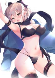 Rule 34 | 1girl, :d, ahoge, arm up, armband, armpits, ayuma sayu, bare shoulders, bikini, black bikini, black bow, black gloves, black scarf, black thighhighs, bow, breasts, brown eyes, brown hair, cleavage, commentary request, cowboy shot, fate/grand order, fate (series), gloves, hair bow, haori, highleg, highleg bikini, japanese clothes, large breasts, looking at viewer, navel, okita j. souji (fate), okita j. souji (first ascension) (fate), okita souji (fate), okita souji (koha-ace), open mouth, scarf, short hair, sidelocks, simple background, single glove, single thighhigh, smile, solo, swimsuit, thigh strap, thighhighs, white background