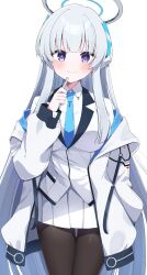 Rule 34 | 1girl, black pantyhose, blue archive, blue necktie, blush, breasts, closed mouth, collared shirt, cowboy shot, grey hair, halo, highres, jacket, large breasts, long hair, long sleeves, looking at viewer, mechanical halo, murase48, necktie, noa (blue archive), open clothes, open jacket, pantyhose, pleated skirt, purple eyes, shirt, simple background, skirt, smile, solo, two-sided fabric, two-sided jacket, white background, white jacket, white shirt, white skirt