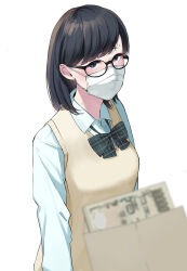 Rule 34 | 1girl, banknote, black eyes, black hair, blurry, blurry foreground, bow, bowtie, breasts, brown sweater vest, chagataaa, commentary request, depth of field, envelope, glasses, highres, holding, holding money, loose bowtie, mask, medium breasts, medium hair, money, mouth mask, original, plaid, plaid bow, plaid bowtie, pov, solo focus, surgical mask, sweatdrop, sweater vest, upper body