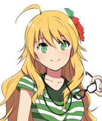 Rule 34 | 1girl, bad id, bad pixiv id, blonde hair, collarbone, eunram, flower, glasses, green eyes, hair flower, hair ornament, holding, holding removed eyewear, hoshii miki, idolmaster, idolmaster (classic), long hair, looking at viewer, red flower, shirt, simple background, smile, solo, striped clothes, striped shirt, unworn eyewear, white background