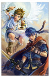 Rule 34 | 2boys, angel, angel wings, bad deviantart id, bad id, blue hair, bracelet, bracer, brown hair, cape, cowboy shot, dual persona, fire emblem, fire emblem: path of radiance, full body, holding, holding sword, holding weapon, ike (fire emblem), jewelry, kid icarus, looking at viewer, lychi, magic, male focus, multiple boys, nintendo, pit (kid icarus), sandals, scarf, spiked hair, super smash bros., sword, toes, watermark, weapon, white wings, wings