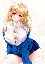 Rule 34 | 1girl, bad tag, blonde hair, blue jacket, blush, breasts, brown eyes, button gap, cleavage, closed mouth, collared shirt, goddess of victory: nikke, hair ornament, huge breasts, jacket, long hair, looking at viewer, mole, mole under eye, off-shoulder jacket, off shoulder, pencil skirt, puffy sleeves, shirt, skirt, sleeves past wrists, smile, solo, tia (nikke), traditional media, white background, white shirt, yosaku vs hina
