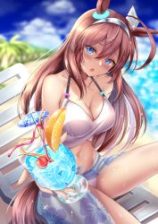 Rule 34 | 1girl, ahoge, animal ears, beach, beach chair, bikini, blue eyes, blue sky, blurry, blurry background, blush, breasts, brown hair, cherry, cleavage, collarbone, commentary request, cup, day, drinking straw, floral print, food, fruit, hair between eyes, hair ornament, highres, holding, holding cup, horse ears, horse girl, horse tail, ice, ice cube, large breasts, looking at viewer, mihono bourbon (umamusume), navel, ocean, open mouth, orange (fruit), orange slice, outdoors, palm tree, print sarong, rairaisuruyo, sarong, sitting, sky, solo, swimsuit, tail, tree, umamusume, wet
